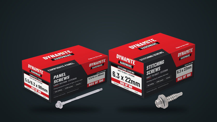 Composite Panel & Stitching Screws – Panel screws & side-lap stitchers with EPDM washers. Dynamite Hardware, Ireland