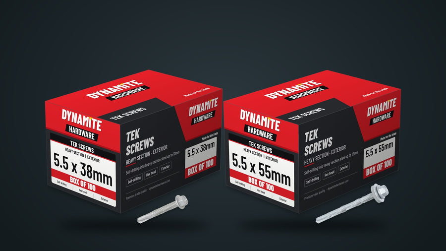 Heavy Section Tek Screws – 5.5mm hex, 32–100mm, plain or with 16mm EPDM washer. Dynamite Hardware, Ireland
