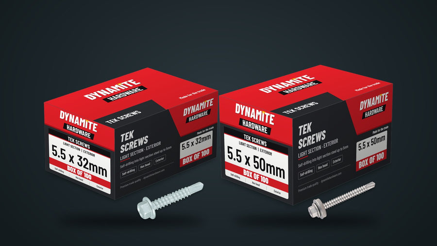 Light Section Tek Screws – 5.5mm hex, 19–100mm, plain or with 16mm EPDM washer. Dynamite Hardware, Ireland
