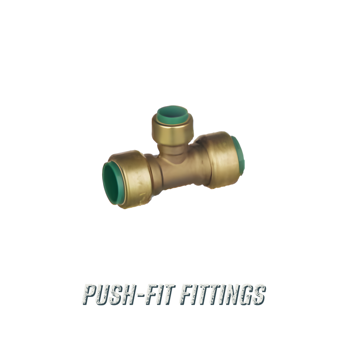Push-Fit Fittings - Pushtite brass push-fit tee for Irish ½" and ¾" copper and PEX pipe