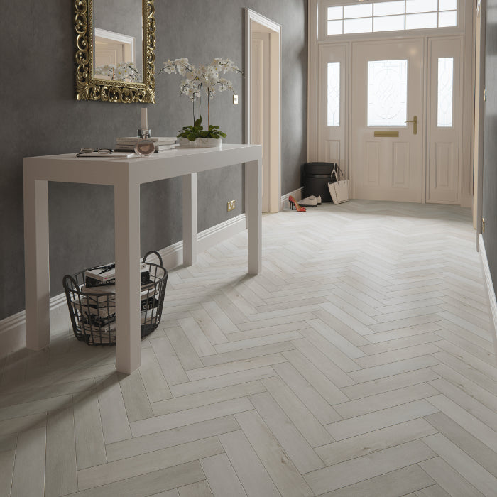 Icelandic Oak 12mm AC4 herringbone laminate flooring room setting