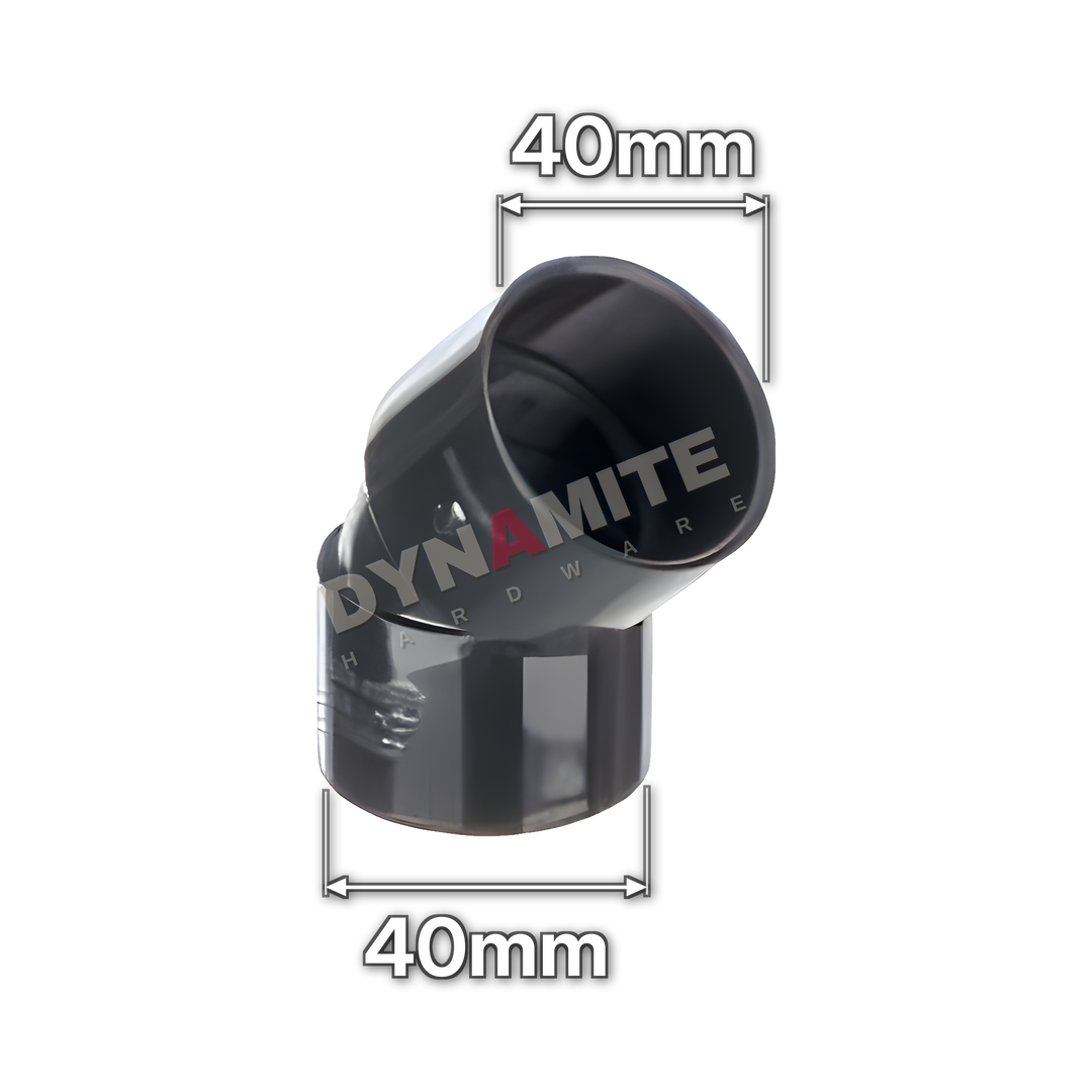 1½" (40mm) Black Solvent Weld Waste 45° Bend (code 40BB), size marked with white arrows: 40mm x 40mm