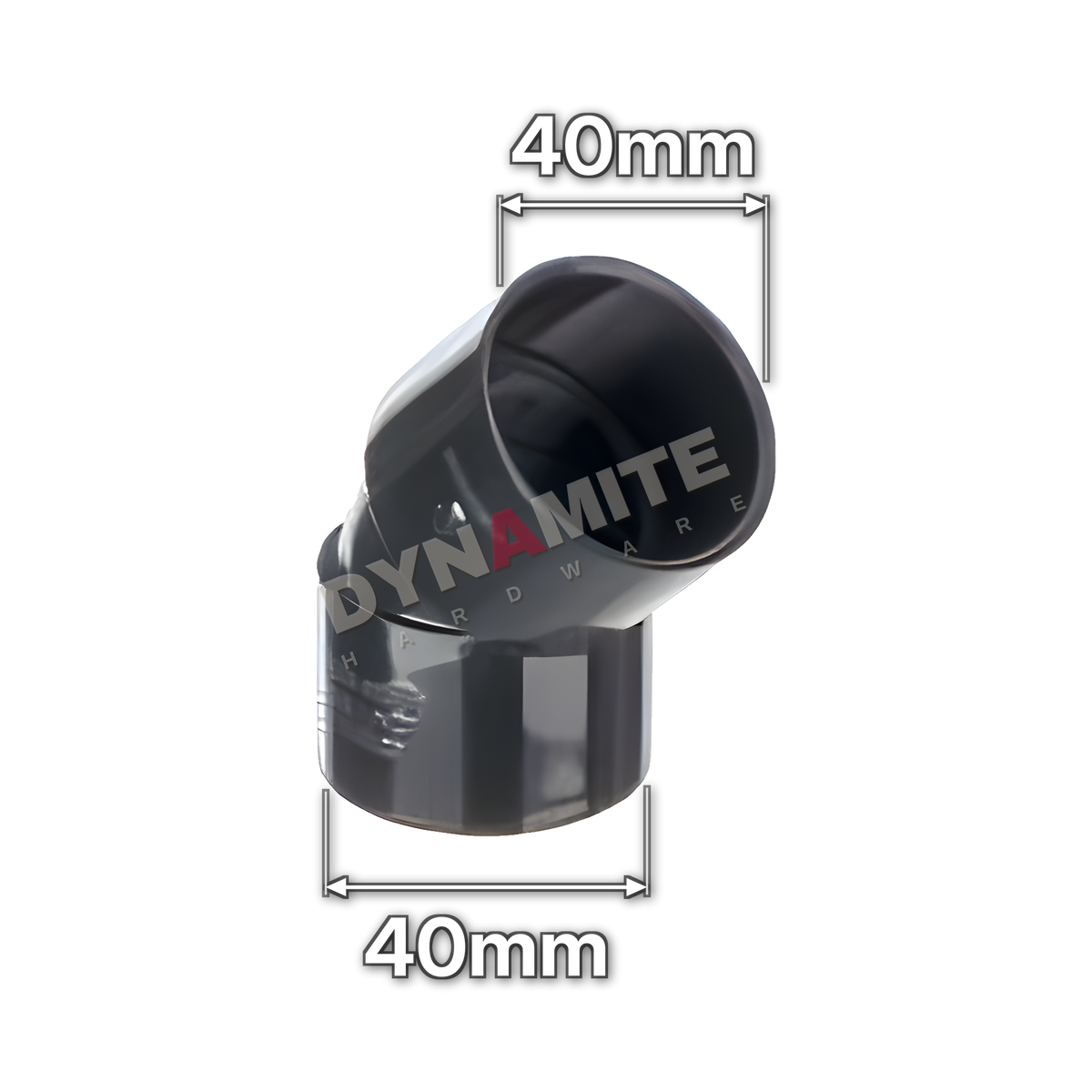 1½" (40mm) Black Solvent Weld Waste 45° Bend (code 40BB), size marked with white arrows: 40mm x 40mm