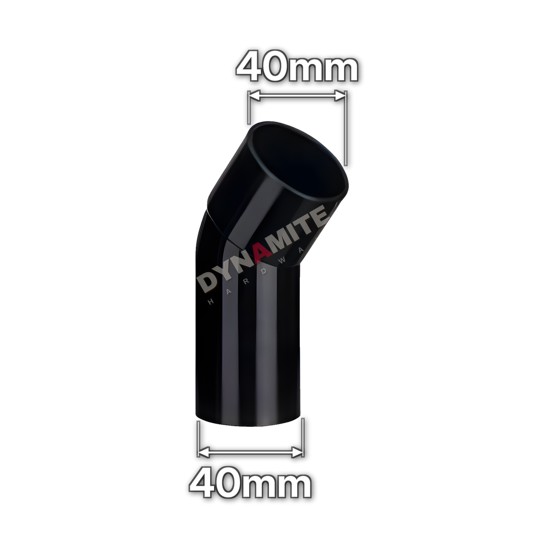 1½" (40mm) Black Solvent Weld Waste 45° Male x Female Bend (code 40BWMFB), size marked with white arrows: 40mm x 40mm