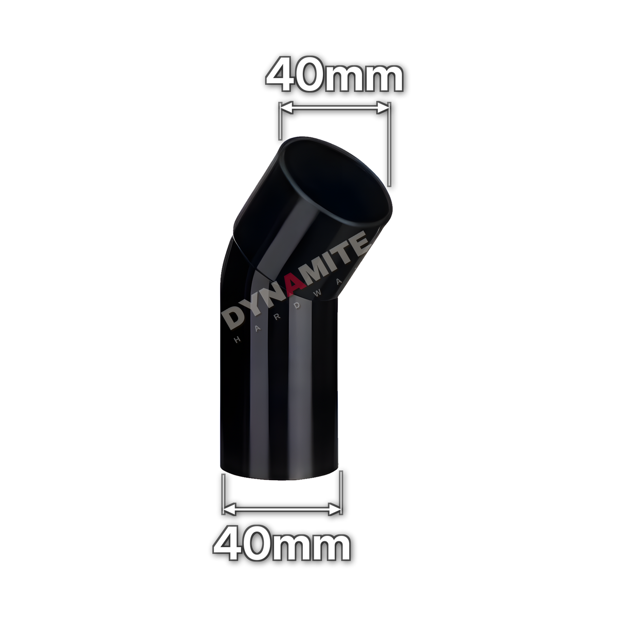 1½" (40mm) Black Solvent Weld Waste 45° Male x Female Bend (code 40BWMFB), size marked with white arrows: 40mm x 40mm