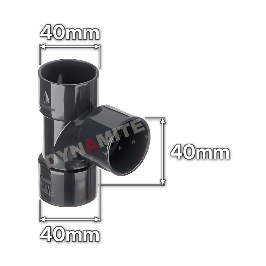 1½" (40mm) Black Solvent Weld Waste 90° Equal Tee (code 4090TB), size marked with white arrows: 40mm x 40mm x 40mm