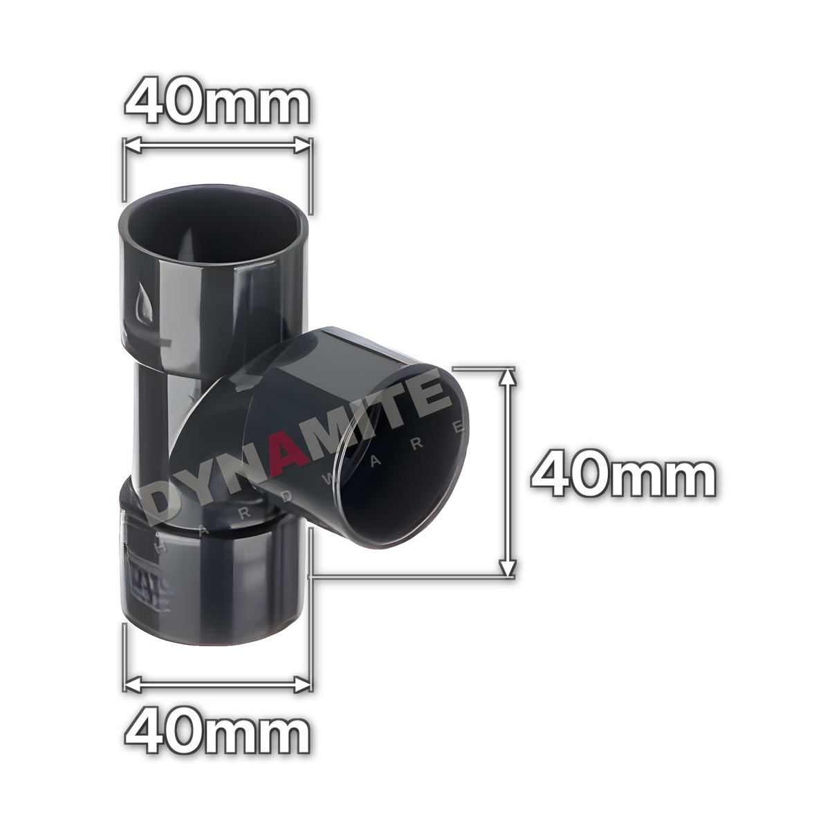 1½" (40mm) Black Solvent Weld Waste 90° Equal Tee (code 4090TB), size marked with white arrows: 40mm x 40mm x 40mm