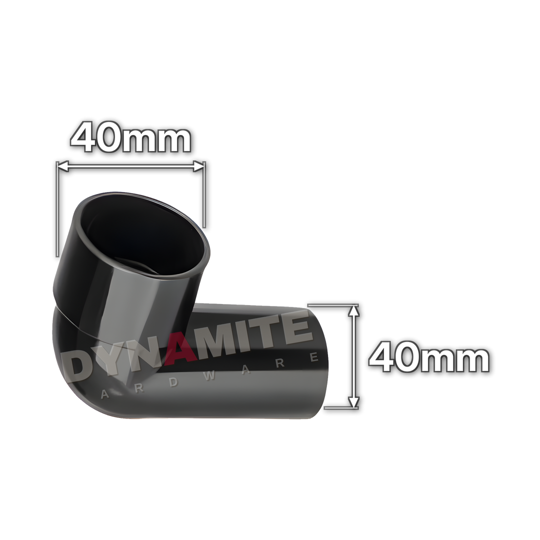 1½" (40mm) Black Solvent Weld Waste 90° Male x Female Knuckle Elbow (code 40KWMFB), size marked with white arrows: 40mm x 40mm