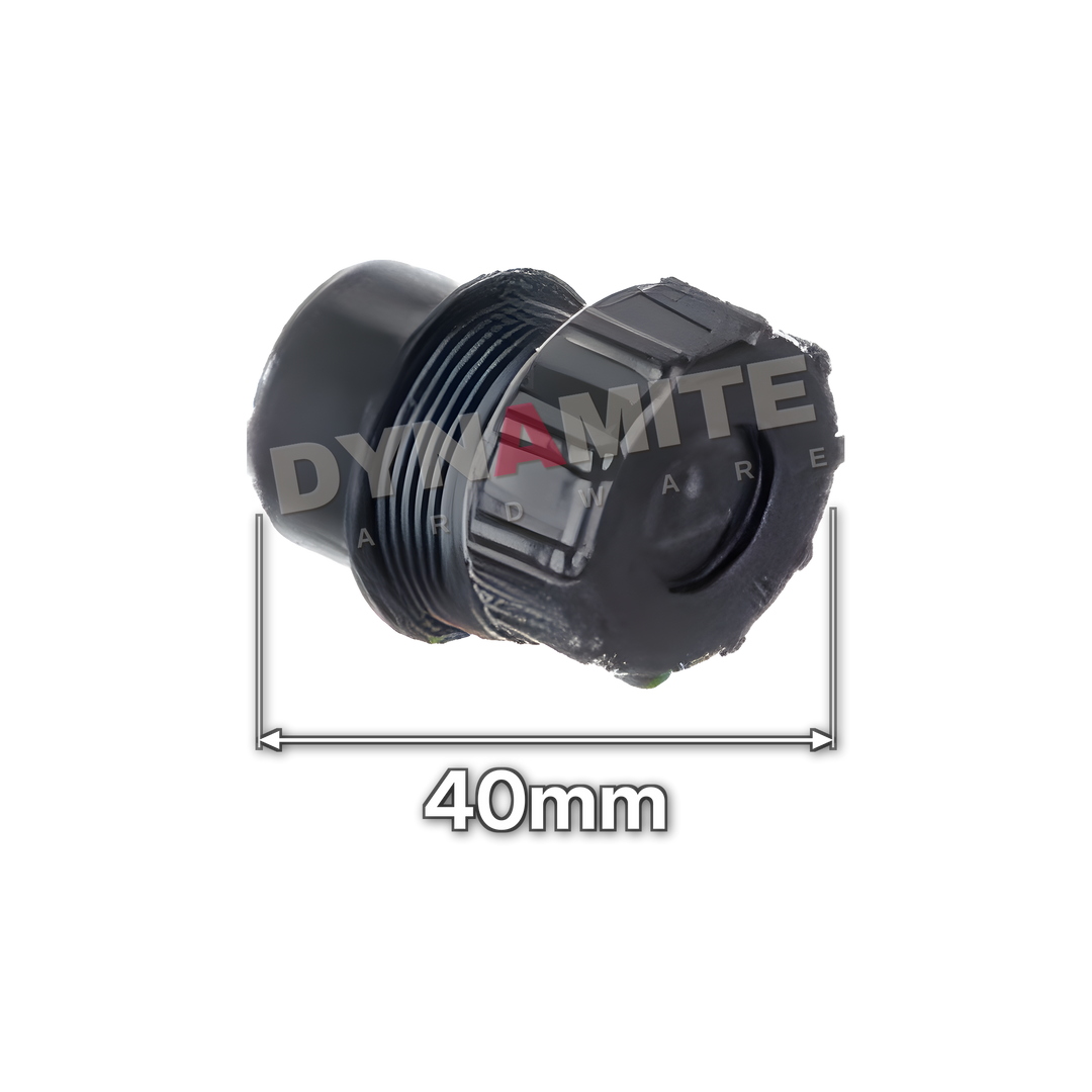 1½" (40mm) Black Solvent Weld Waste Access Plug (Cleaning Eye) (code 40PB), size marked with white arrows: 40mm