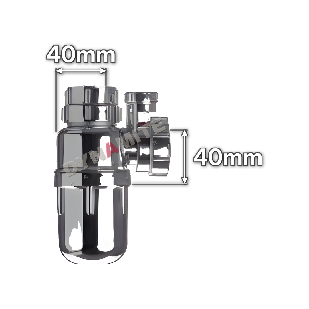 1½" (40mm) Chrome Anti-Siphon Bottle Trap - 75mm Seal (code 112BTAVCP), size marked with white arrows: 40mm x 40mm