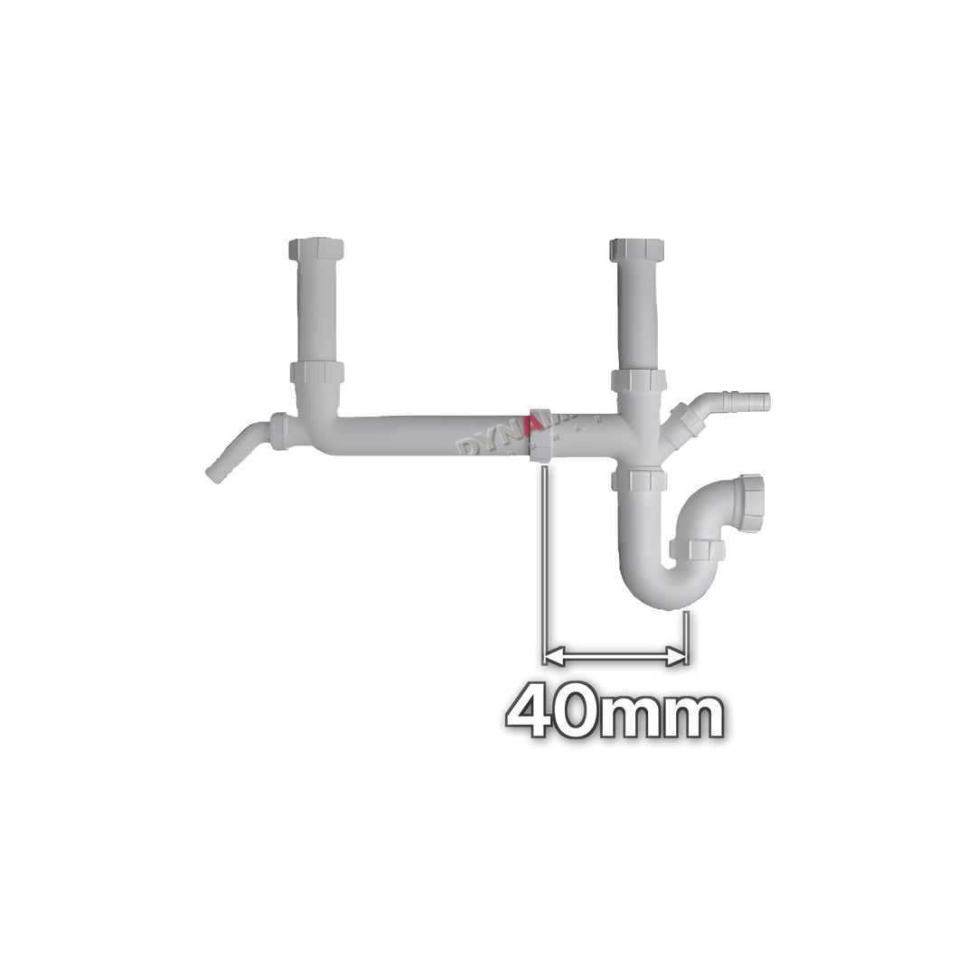 1½" (40mm) Double Bowl Sink Waste Trap Kit - Twin Appliance Spigots (code 112OK2B), size marked with white arrows: 40mm