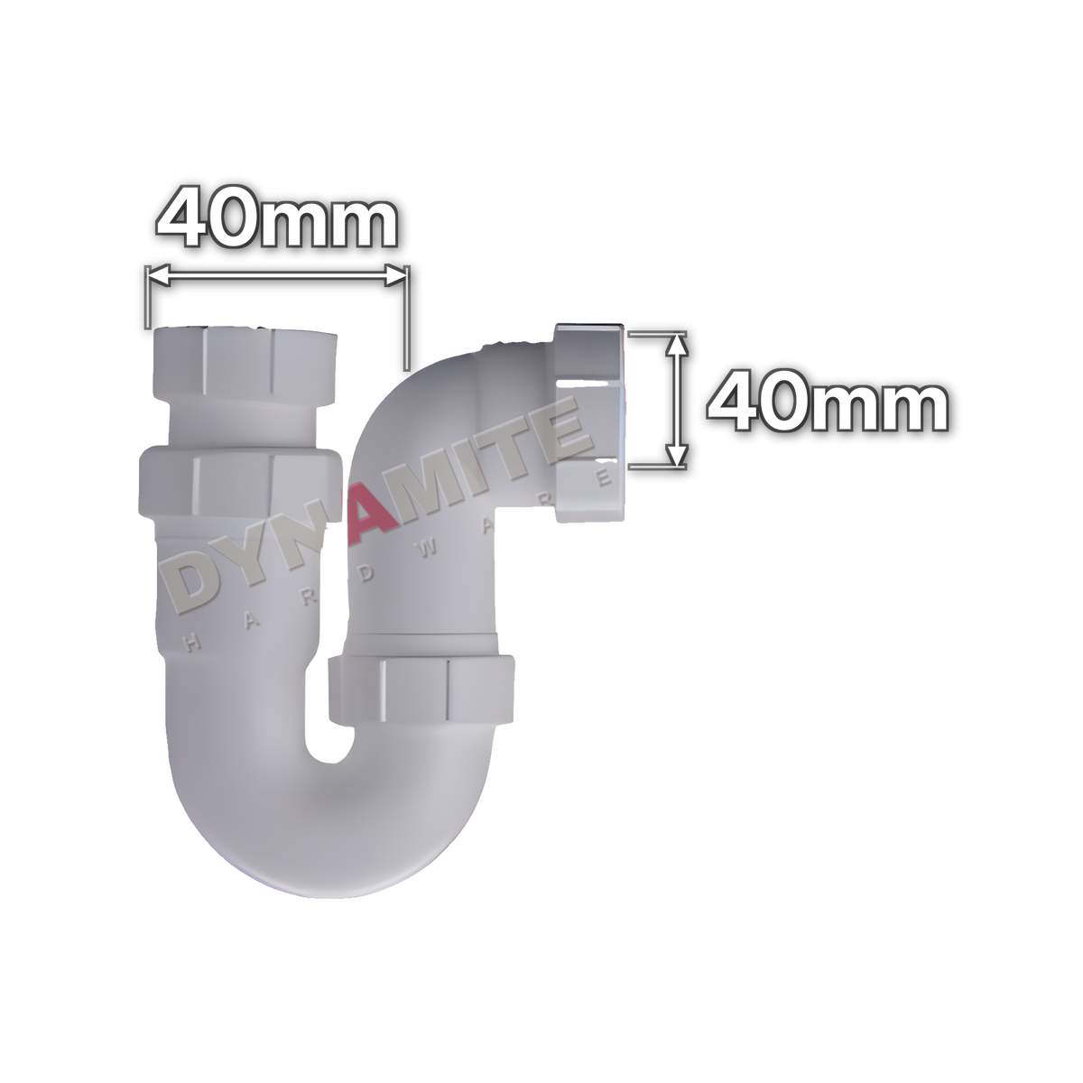 1½" (40mm) White Adjustable Inlet Waste P-Trap (code 112P112A), size marked with white arrows: 40mm x 40mm