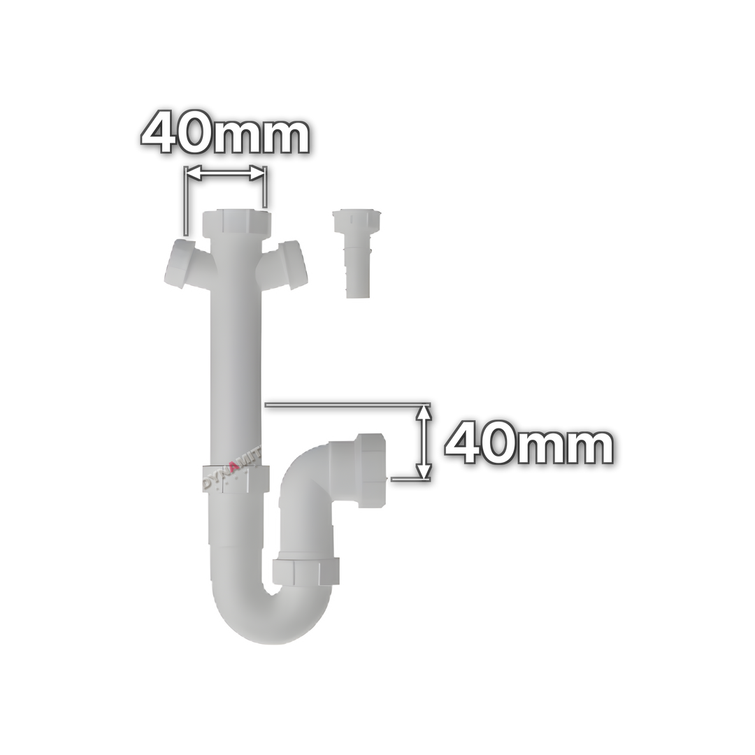 1½" (40mm) White Appliance Trap - Double Hose Spigot (code 112PHU2), size marked with white arrows: 40mm x 40mm