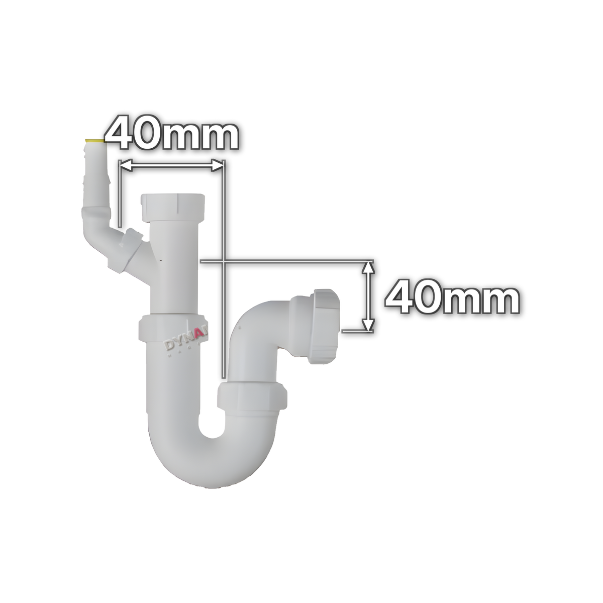 1½" (40mm) White Appliance Trap - Single Hose Spigot (code 112PHU), size marked with white arrows: 40mm x 40mm