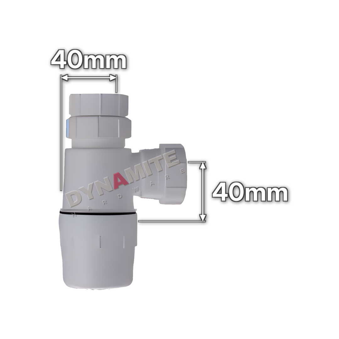 1½" (40mm) White Bottle Trap - 75mm Seal (code 112BT), size marked with white arrows: 40mm x 40mm