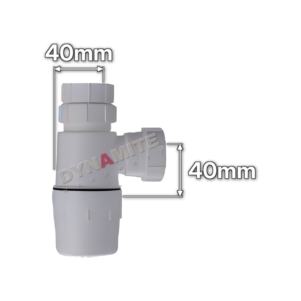 1½" (40mm) White Bottle Trap - 75mm Seal (code 112BT), size marked with white arrows: 40mm x 40mm