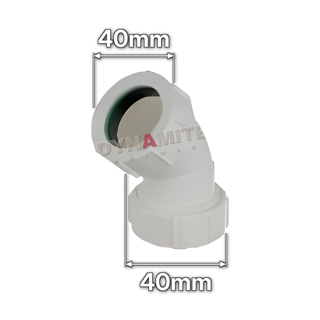 1½" (40mm) White Compression Waste 45° Bend (code U1123), size marked with white arrows: 40mm x 40mm