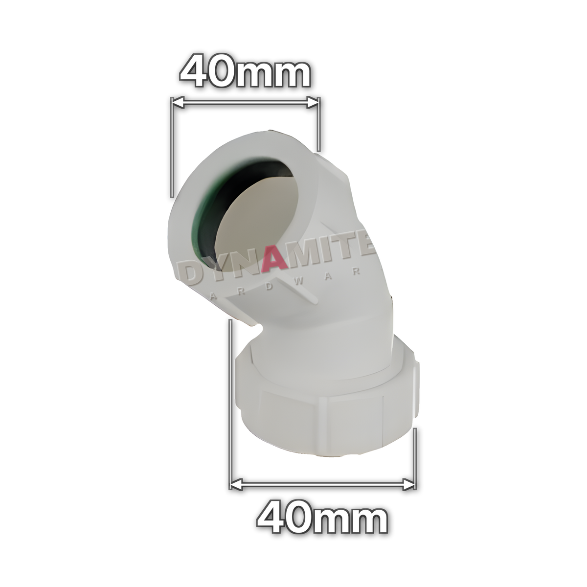 1½" (40mm) White Compression Waste 45° Bend (code U1123), size marked with white arrows: 40mm x 40mm