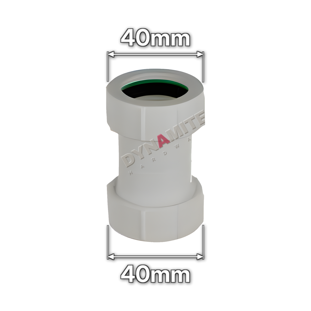 1½" (40mm) White Compression Waste Straight Coupling (code U1121), size marked with white arrows: 40mm x 40mm
