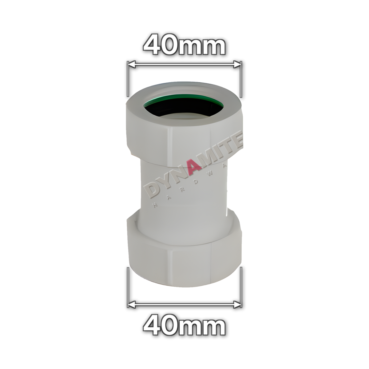 1½" (40mm) White Compression Waste Straight Coupling (code U1121), size marked with white arrows: 40mm x 40mm