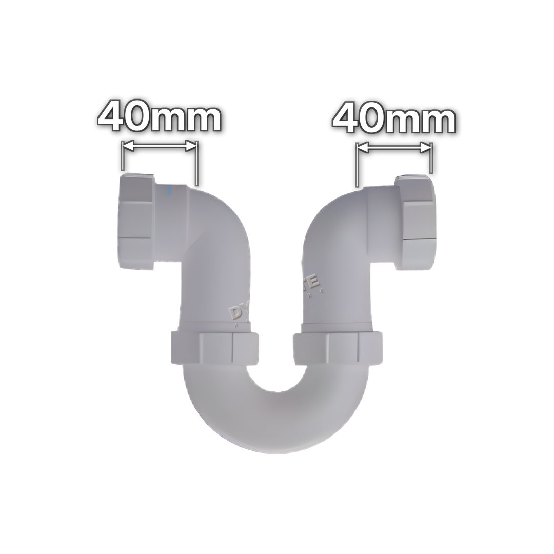 1½" (40mm) White In-Line Running Trap - 38mm Seal (code 112R112), size marked with white arrows: 40mm x 40mm