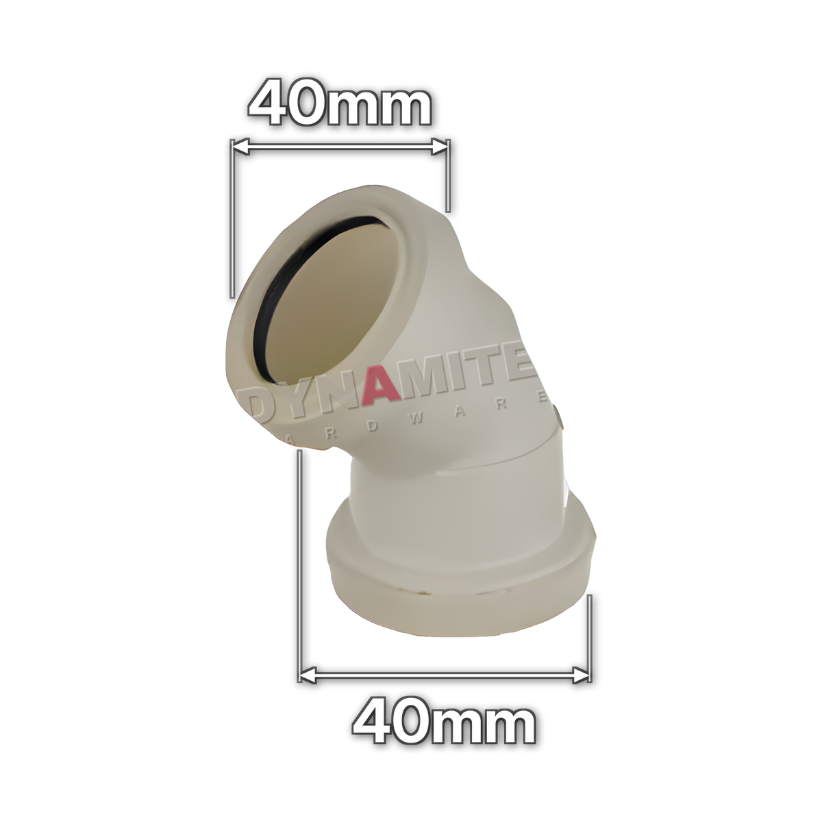 1½" (40mm) White Push-Fit Waste 45° Bend (code PF1124), size marked with white arrows: 40mm x 40mm