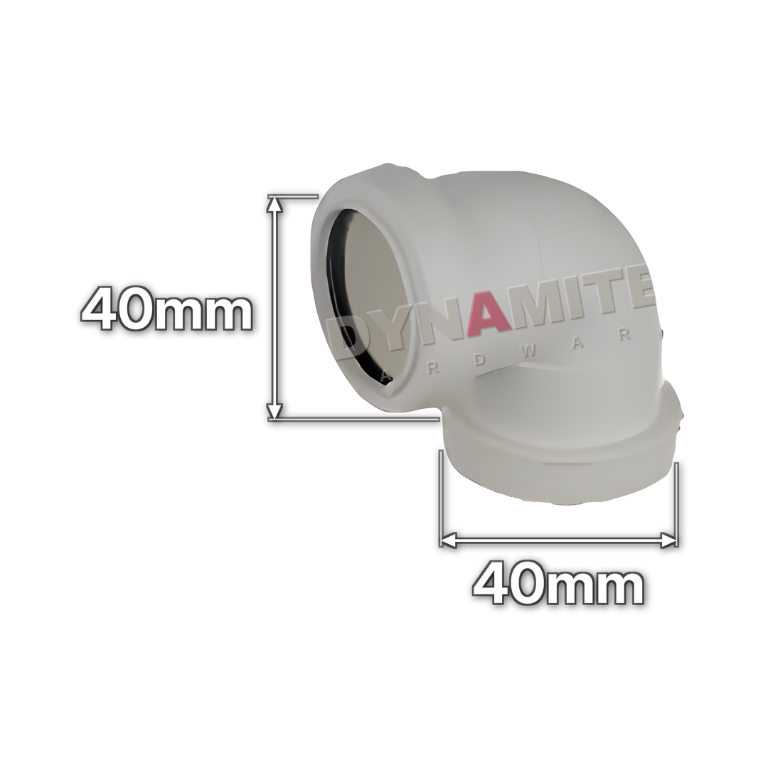 1½" (40mm) White Push-Fit Waste 90° Knuckle Elbow (code PF1122), size marked with white arrows: 40mm x 40mm