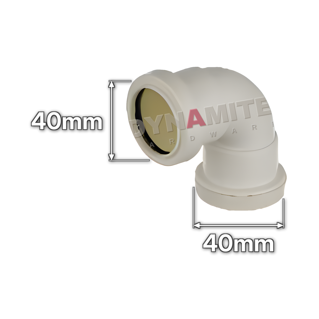 1½" (40mm) White Push-Fit Waste 90° Swept Elbow (code PF1123), size marked with white arrows: 40mm x 40mm
