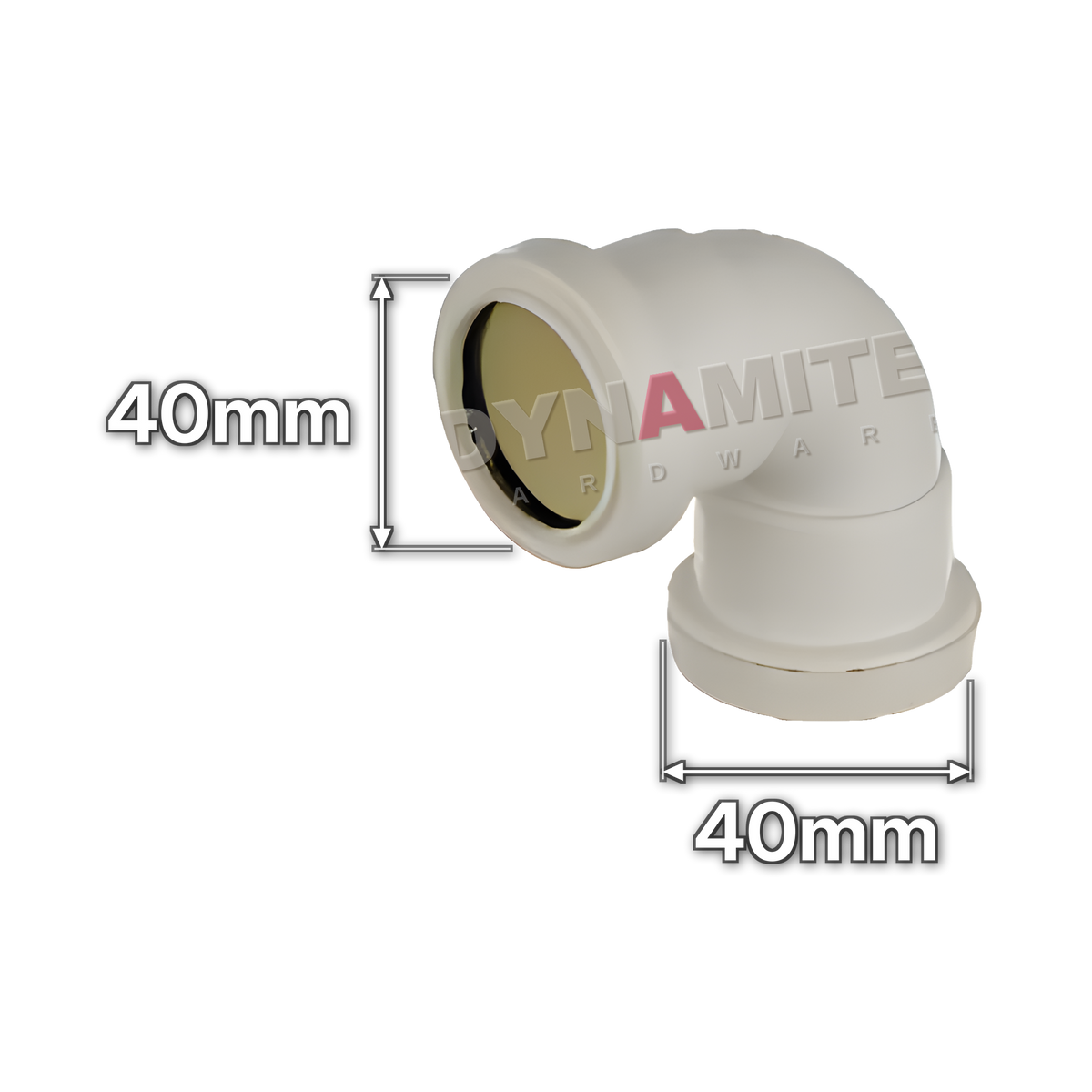 1½" (40mm) White Push-Fit Waste 90° Swept Elbow (code PF1123), size marked with white arrows: 40mm x 40mm