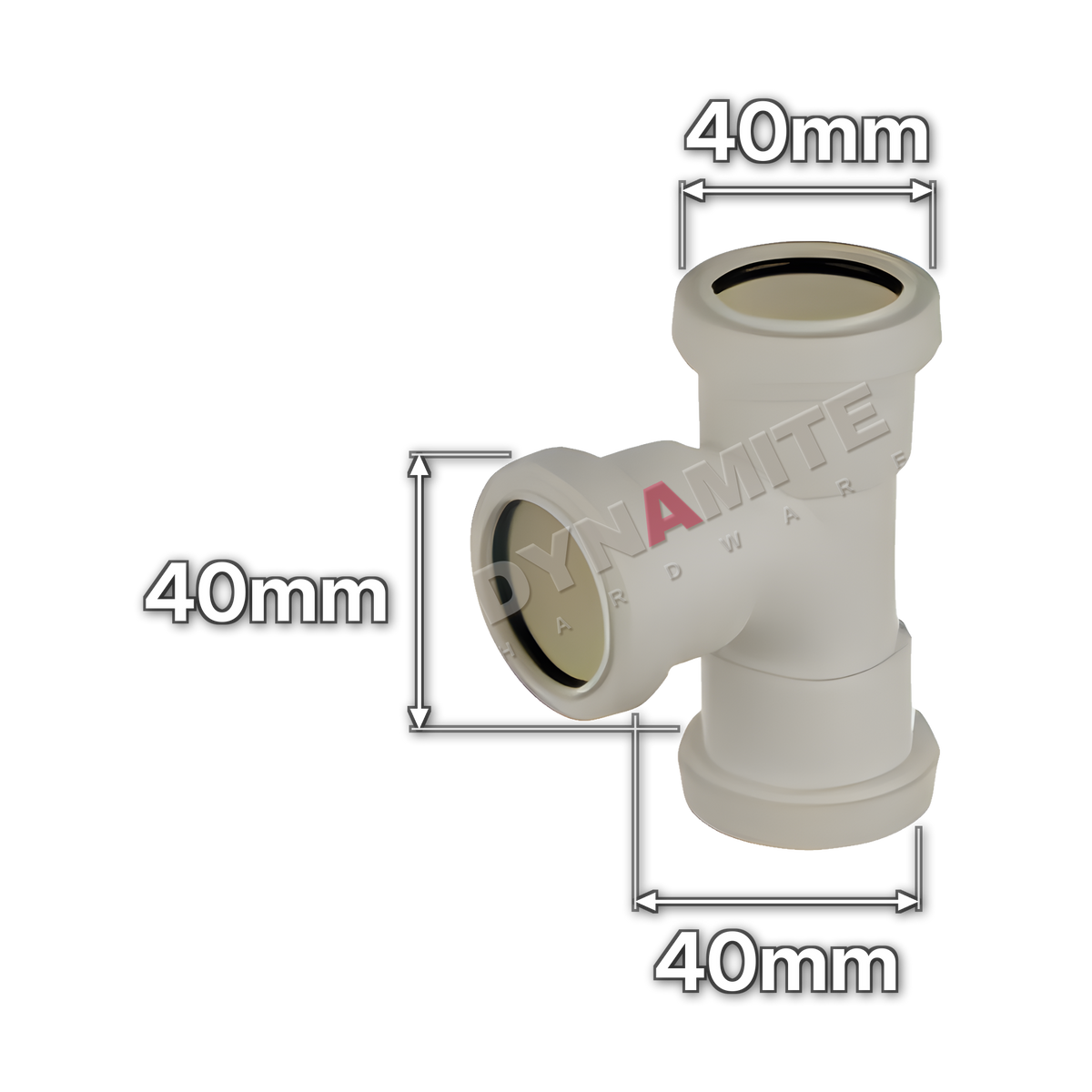 1½" (40mm) White Push-Fit Waste 90° Swept Tee (code PF1125), size marked with white arrows: 40mm x 40mm x 40mm