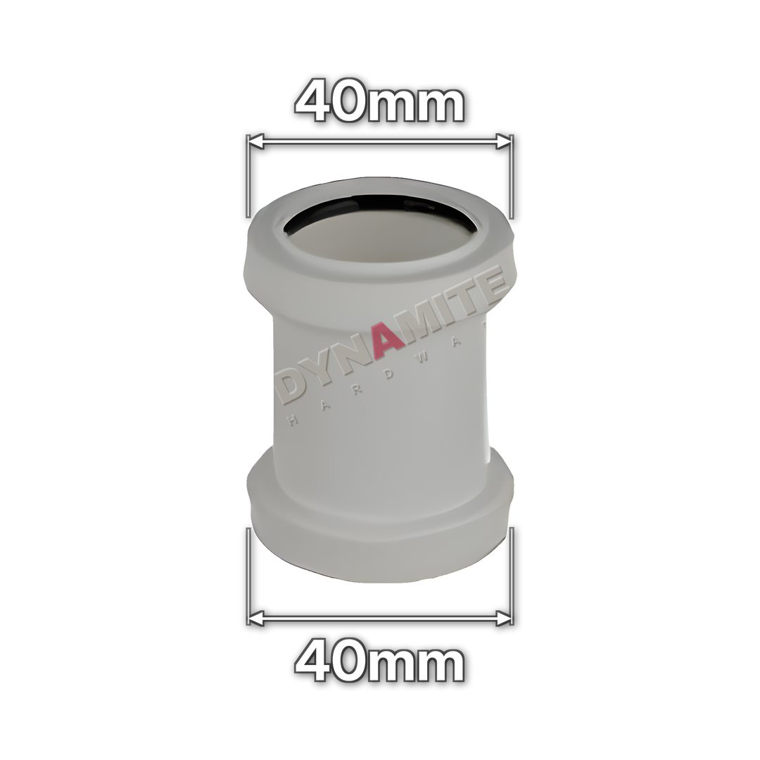 1½" (40mm) White Push-Fit Waste Straight Coupling (code PF1121), size marked with white arrows: 40mm x 40mm