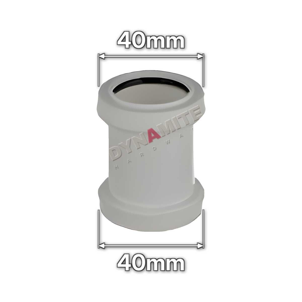 1½" (40mm) White Push-Fit Waste Straight Coupling (code PF1121), size marked with white arrows: 40mm x 40mm