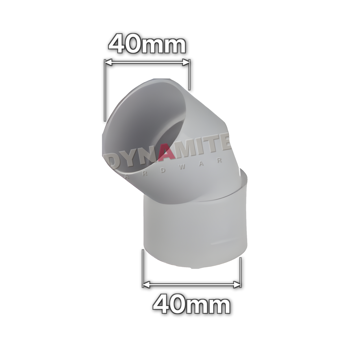 1½" (40mm) White Solvent Weld Waste 45° Bend (code 40BW), size marked with white arrows: 40mm x 40mm
