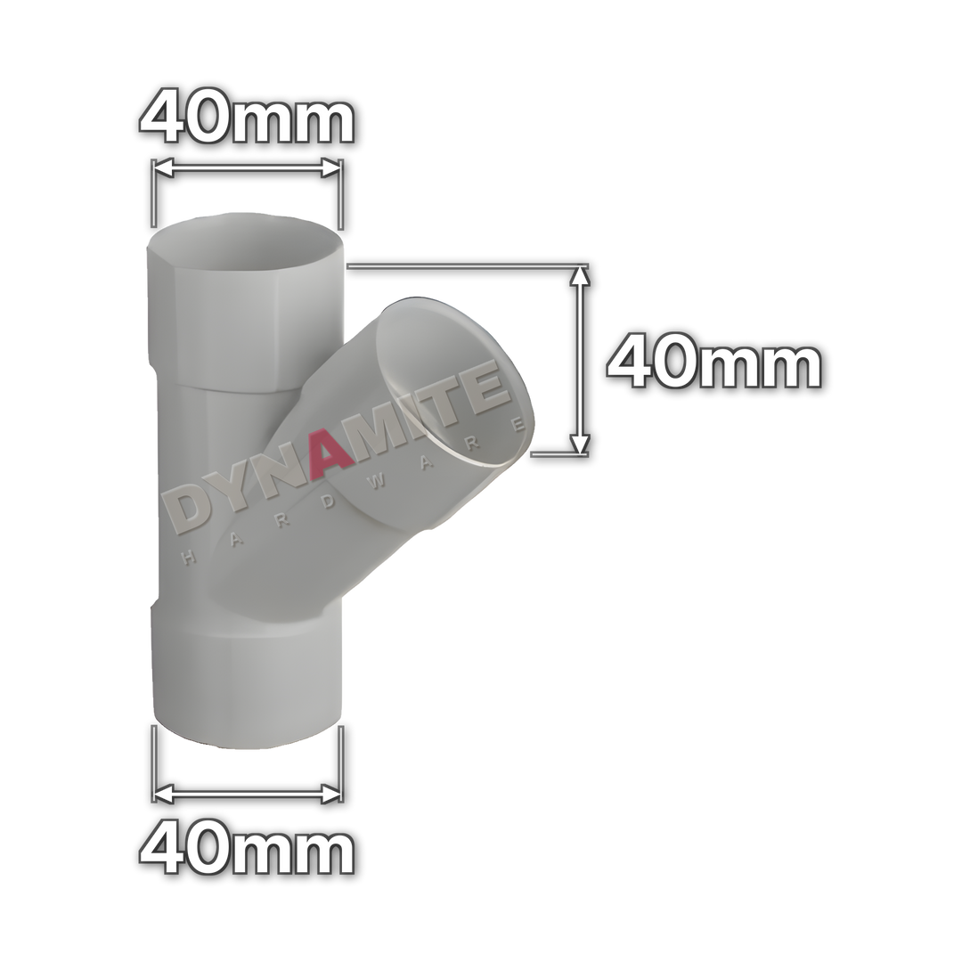1½" (40mm) White Solvent Weld Waste 45° Branch Tee (code 4045TW), size marked with white arrows: 40mm x 40mm x 40mm