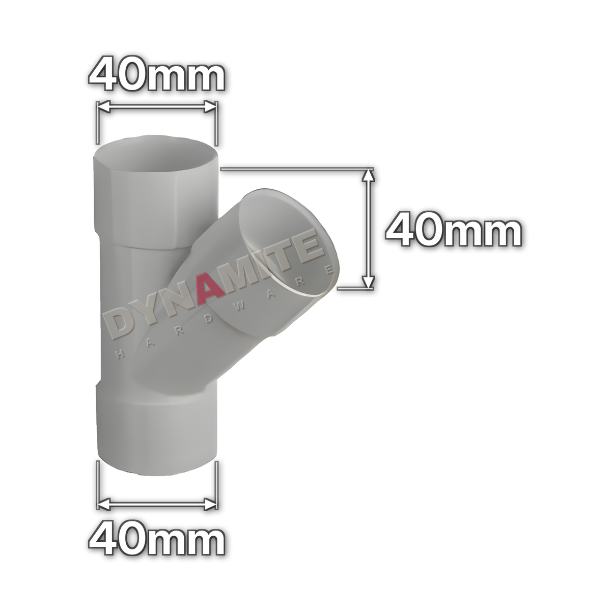 1½" (40mm) White Solvent Weld Waste 45° Branch Tee (code 4045TW), size marked with white arrows: 40mm x 40mm x 40mm