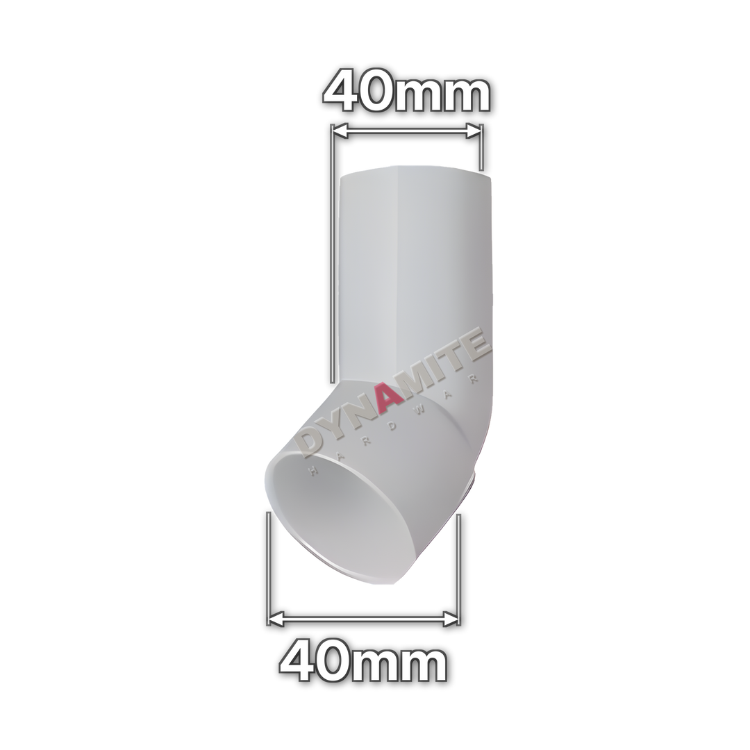 1½" (40mm) White Solvent Weld Waste 45° Male x Female Bend (code 40BWMF), size marked with white arrows: 40mm x 40mm