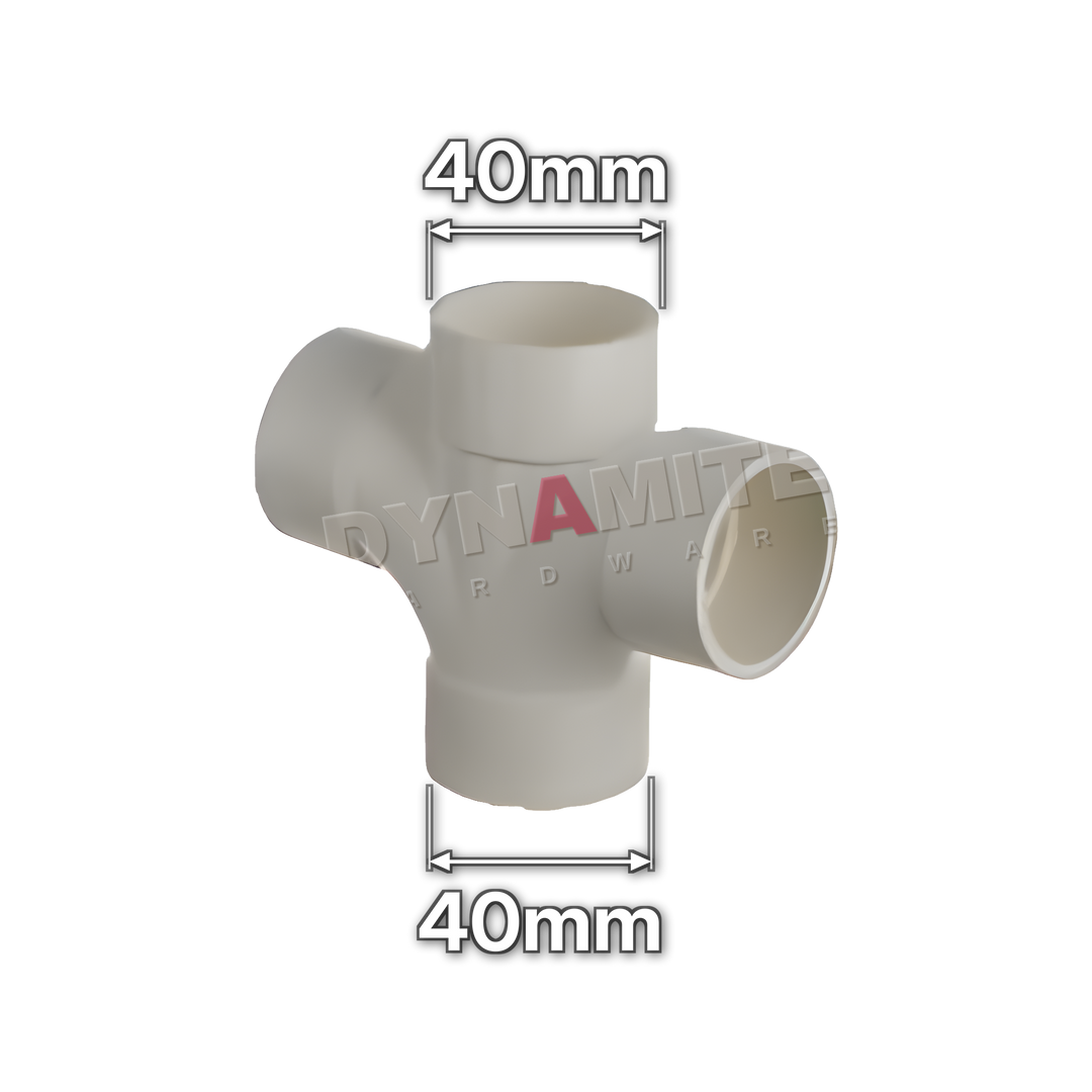 1½" (40mm) White Solvent Weld Waste 90° Cross Tee (code 40CTW), size marked with white arrows: 40mm x 40mm