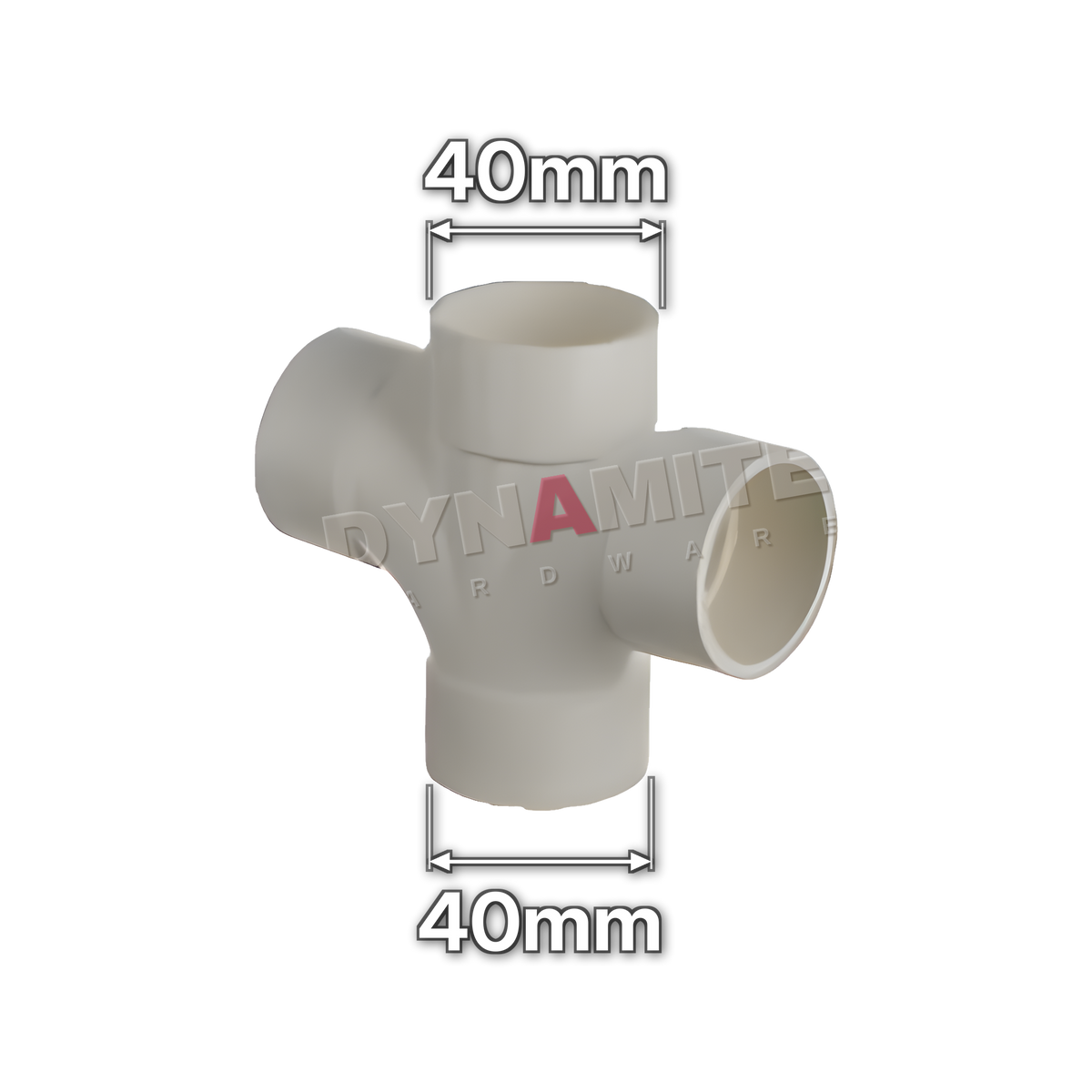 1½" (40mm) White Solvent Weld Waste 90° Cross Tee (code 40CTW), size marked with white arrows: 40mm x 40mm