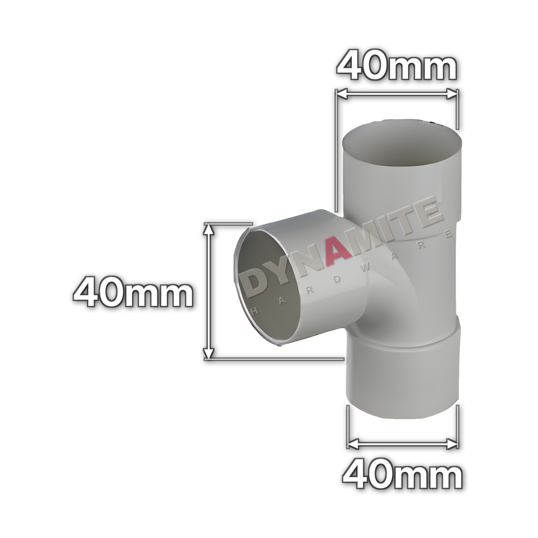 1½" (40mm) White Solvent Weld Waste 90° Equal Tee (code 4090TW), size marked with white arrows: 40mm x 40mm x 40mm