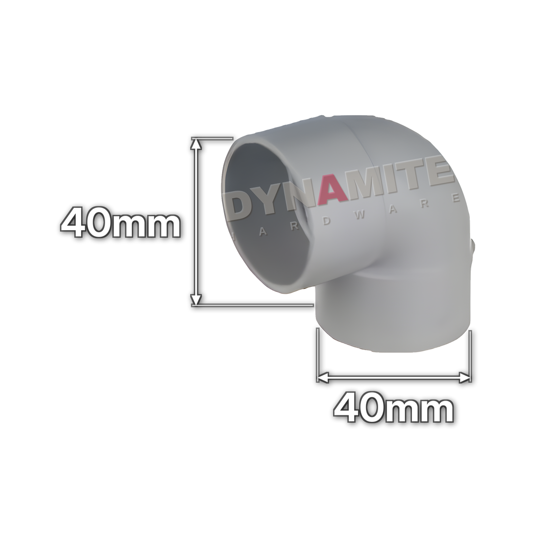 1½" (40mm) White Solvent Weld Waste 90° Knuckle Elbow (code 40KW), size marked with white arrows: 40mm x 40mm