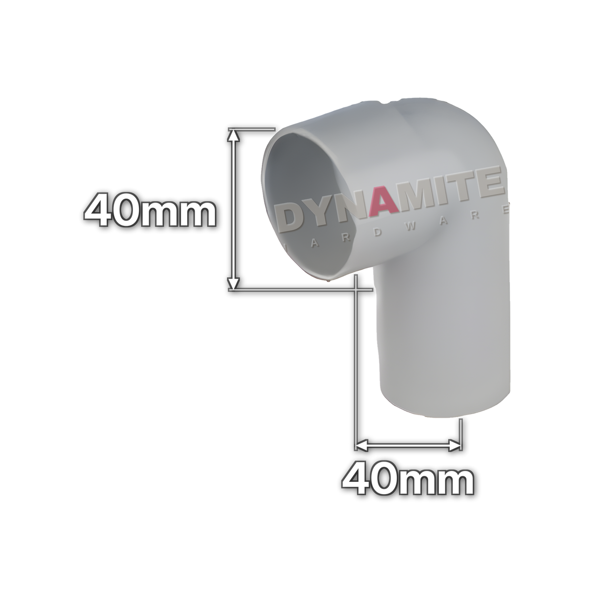 1½" (40mm) White Solvent Weld Waste 90° Male x Female Knuckle Elbow (code 40KWMF), size marked with white arrows: 40mm x 40mm