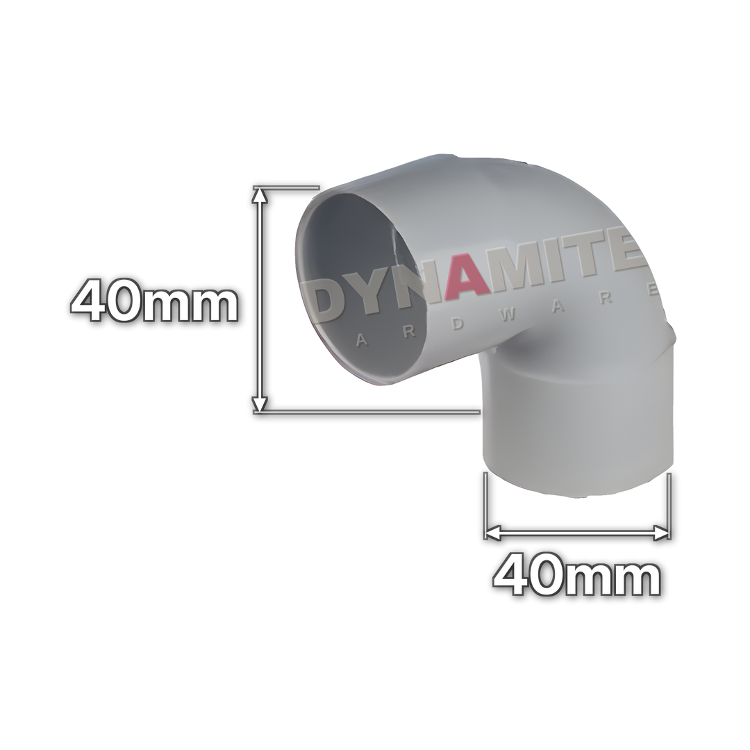 1½" (40mm) White Solvent Weld Waste 90° Swept Elbow (code 40EW), size marked with white arrows: 40mm x 40mm