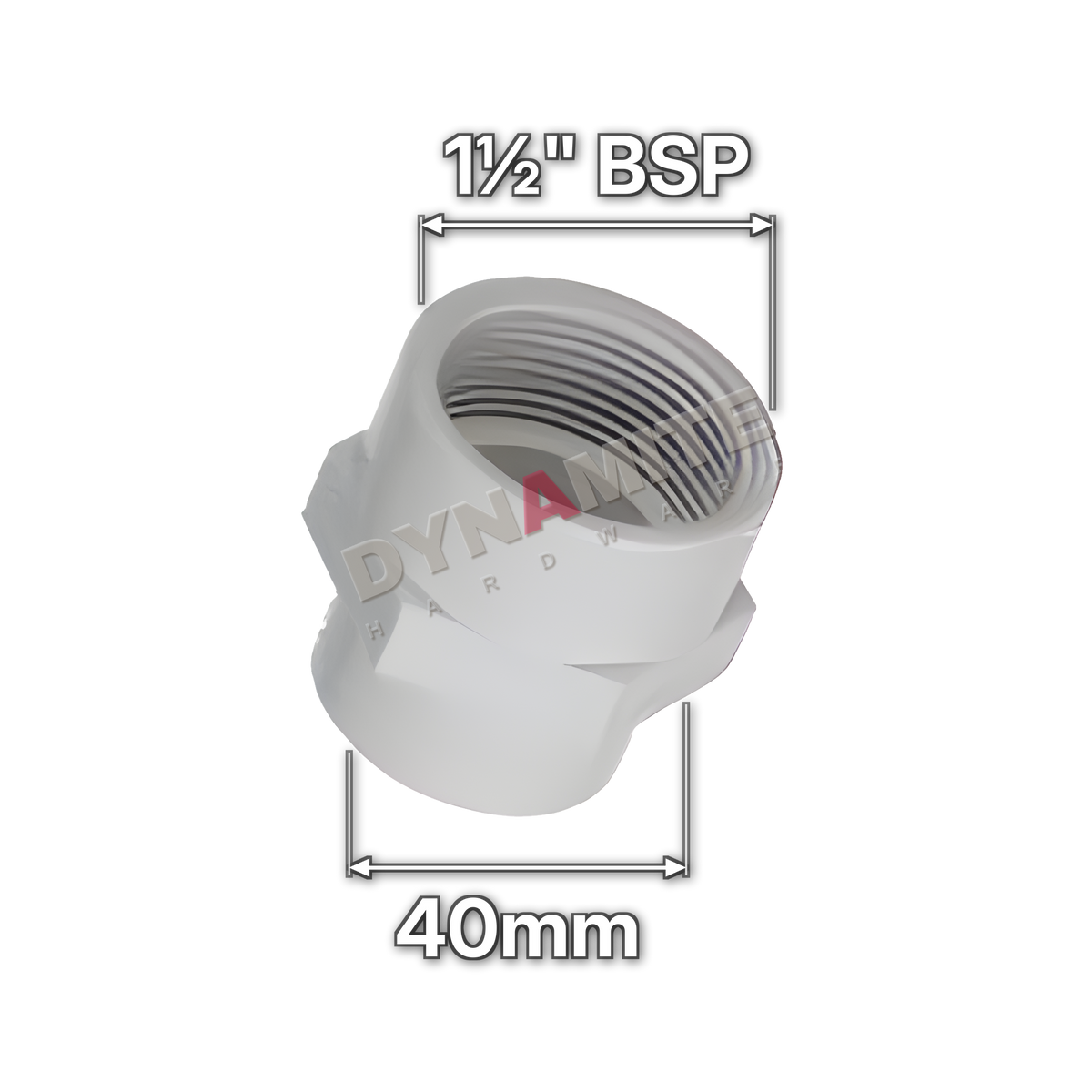 1½" (40mm) White Waste Female Threaded Adaptor - 1½" BSP (code 11240FW), size marked with white arrows: 1½" BSP x 40mm