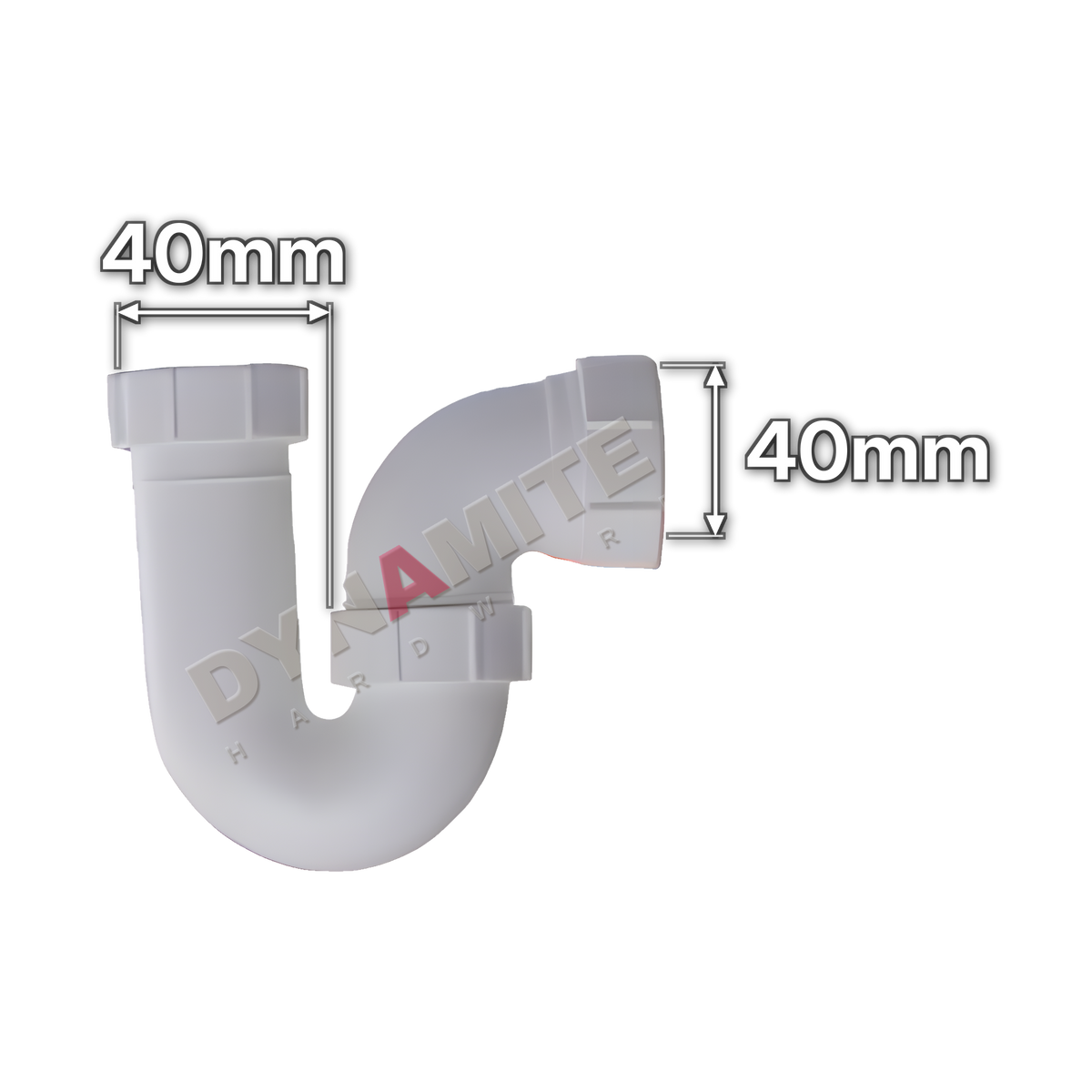 1½" (40mm) White Waste P-Trap - 38mm Seal (code 112P112), size marked with white arrows: 40mm x 40mm