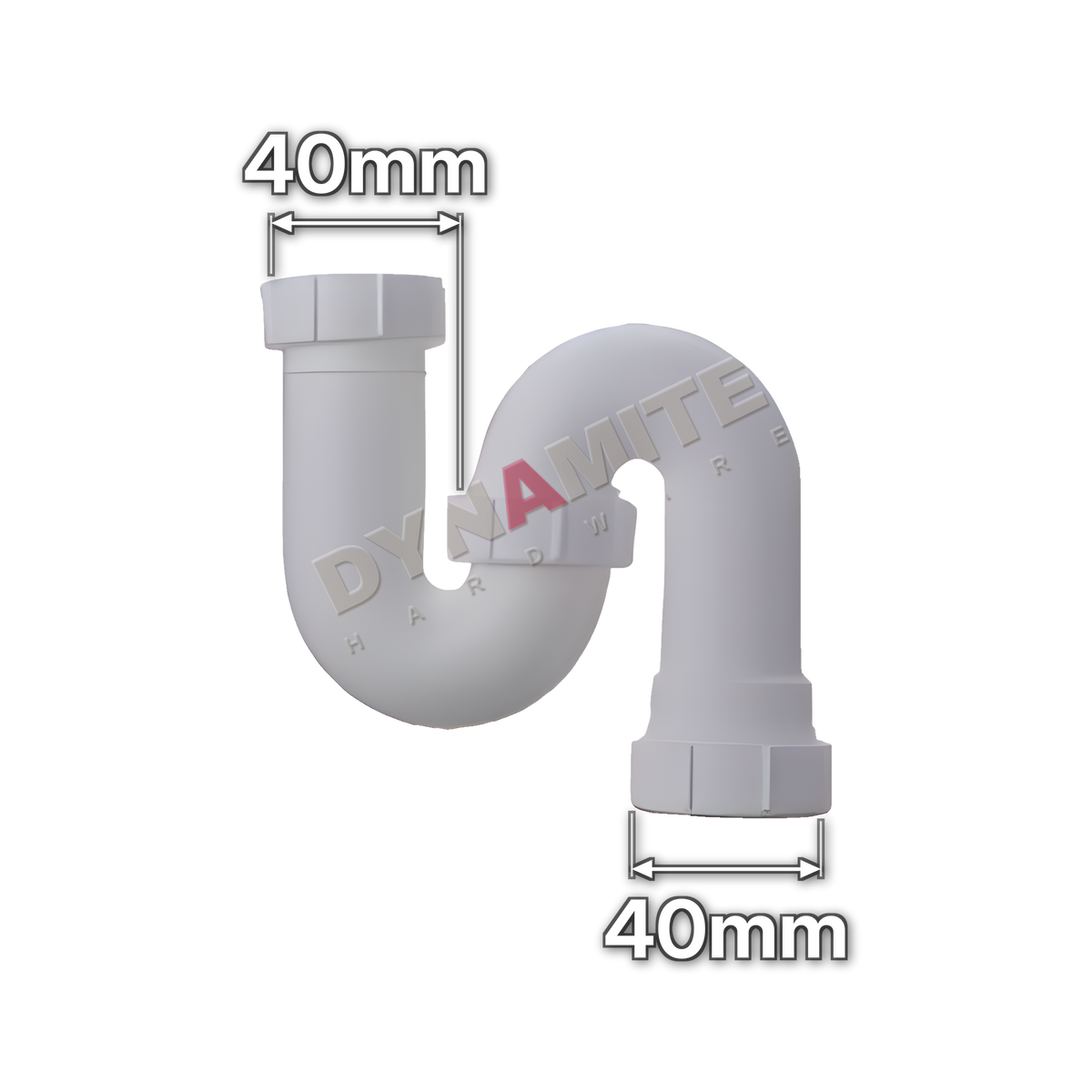 1½" (40mm) White Waste S-Trap - 38mm Seal (code 112S112), size marked with white arrows: 40mm x 40mm