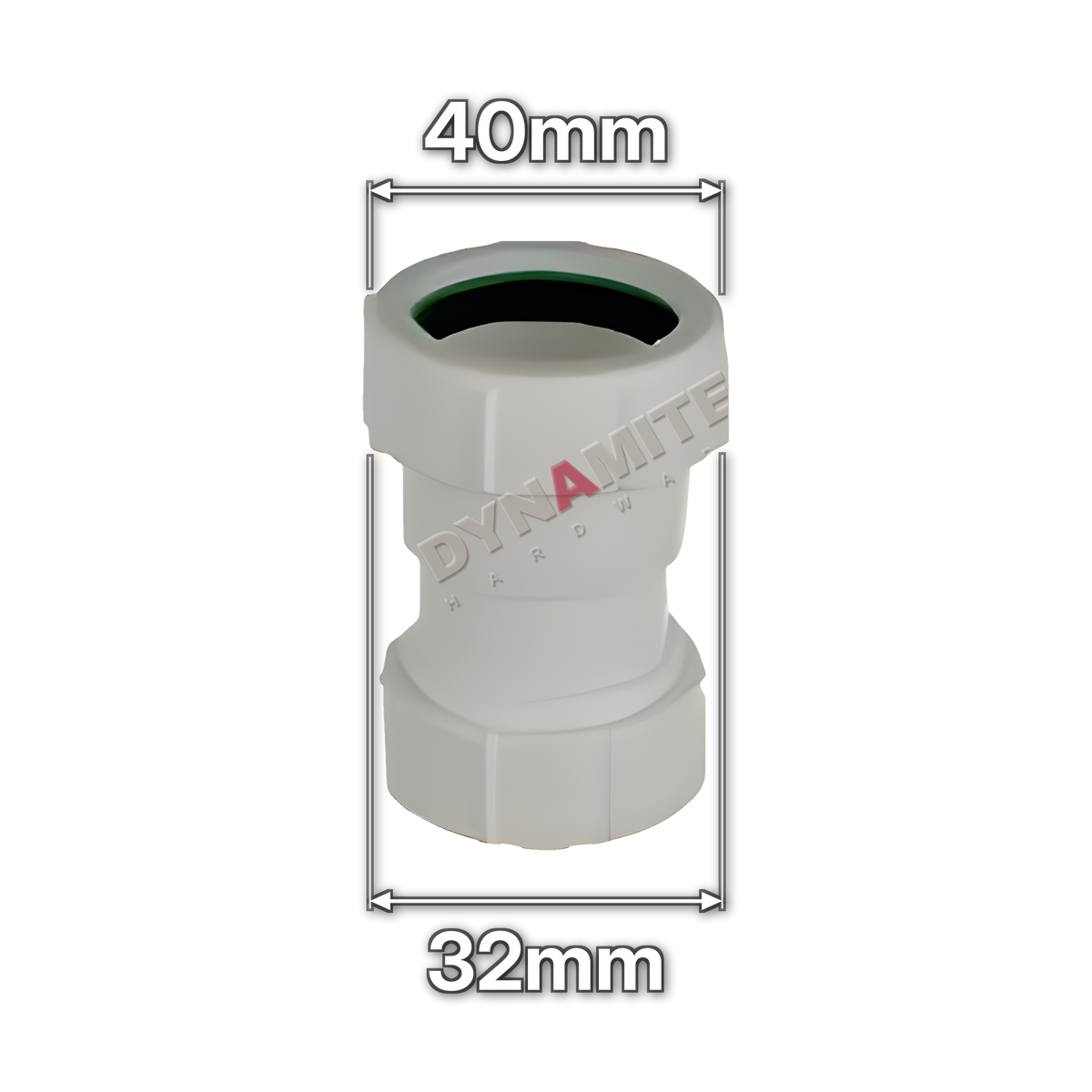 1½" x 1¼" (40mm x 32mm) White Compression Waste Reducing Coupling (code U112R), size marked with white arrows: 40mm x 32mm