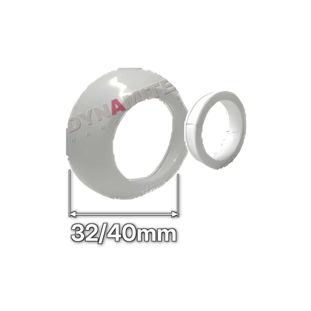 1¼"/1½" (32/40mm) White Waste Pipe Hole Cover Set (code 40C), size marked with white arrows: 32/40mm