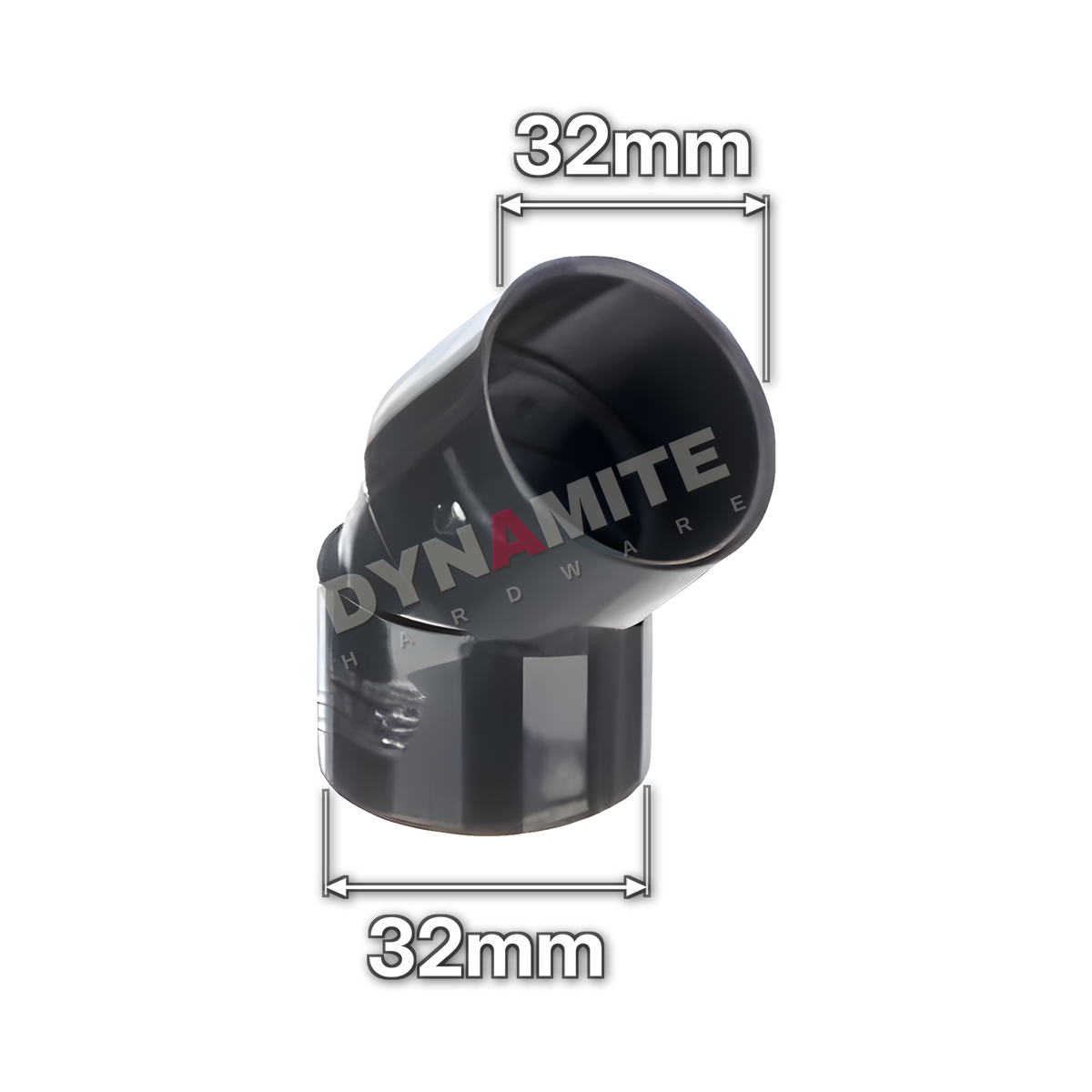 1¼" (32mm) Black Solvent Weld Waste 45° Bend (code 32BB), size marked with white arrows: 32mm x 32mm