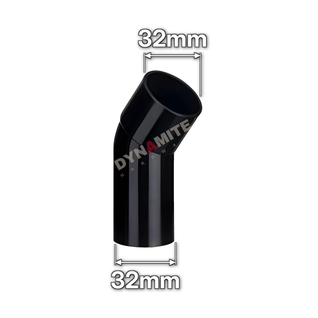 1¼" (32mm) Black Solvent Weld Waste 45° Male x Female Bend (code 32BWMFB), size marked with white arrows: 32mm x 32mm