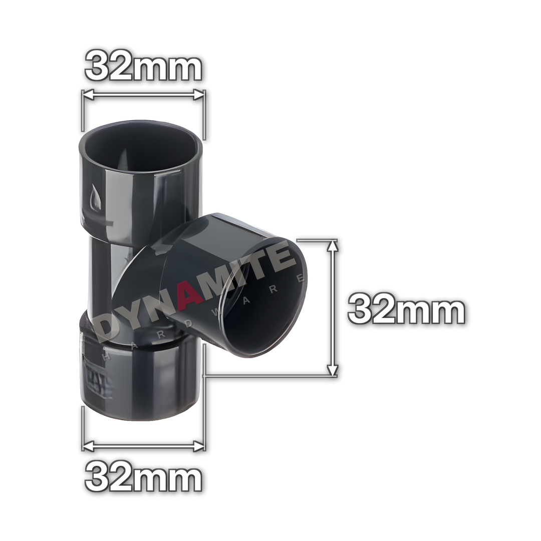1¼" (32mm) Black Solvent Weld Waste 90° Equal Tee (code 3290TB), size marked with white arrows: 32mm x 32mm x 32mm